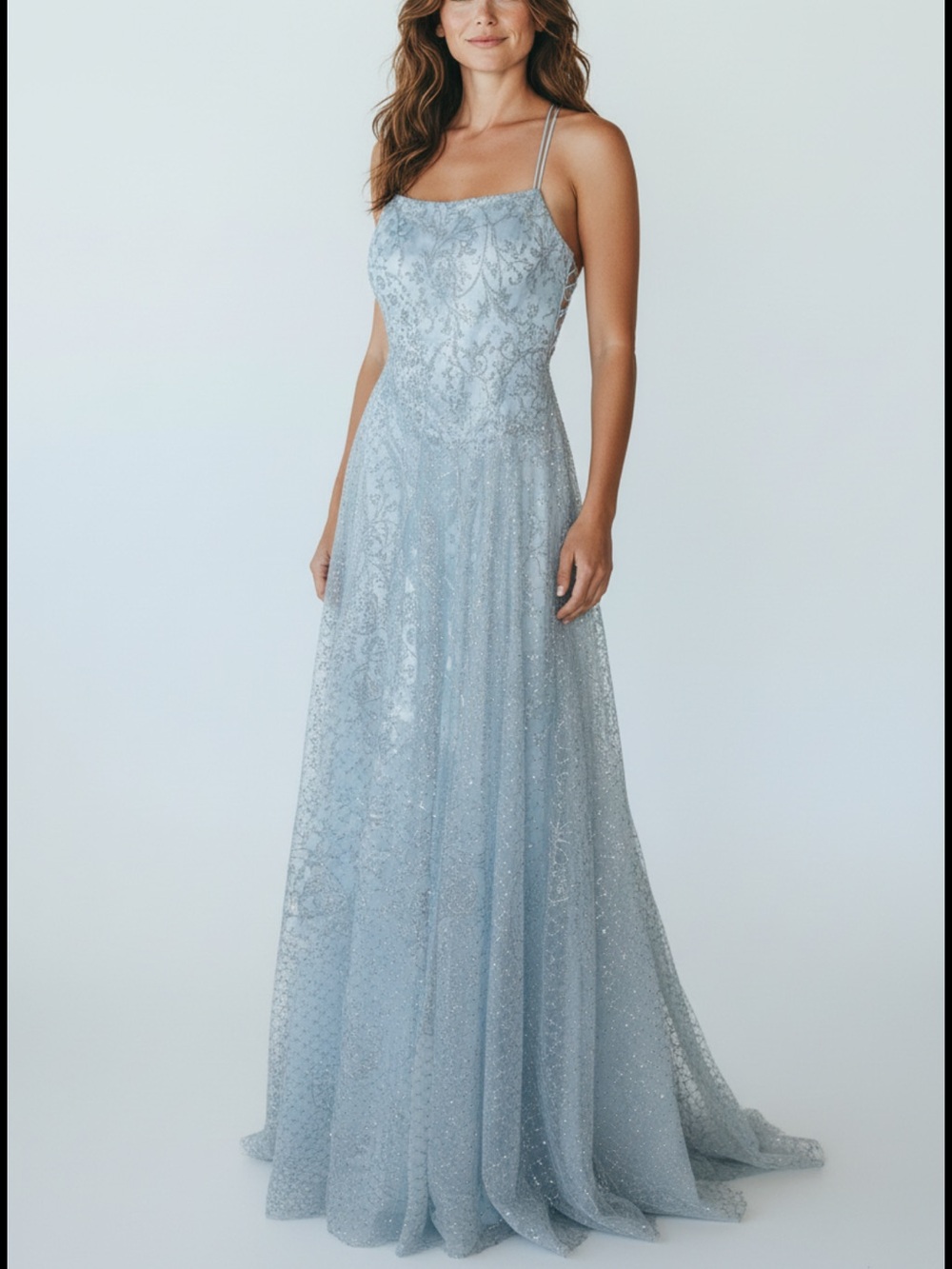 NWT Cachet Light Blue Silver Glitter Filigree Formal Prom Dress Gown Size 8